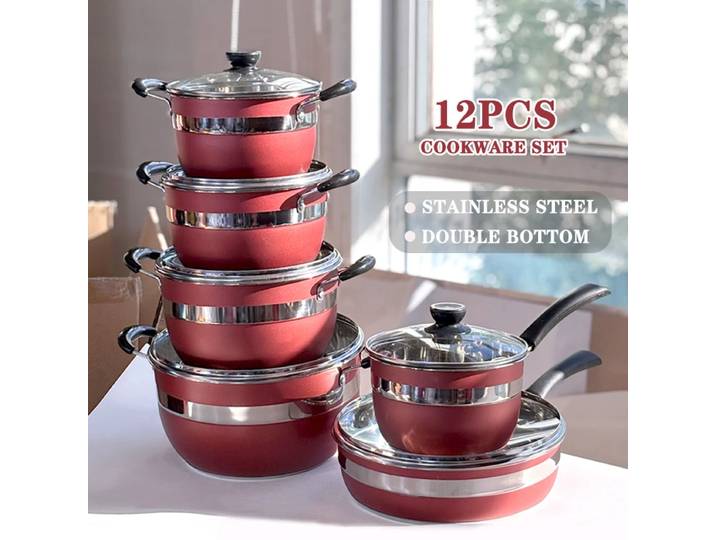 Ensemble de 12 ustensiles de cuisine en acier inoxydable, fond double épaissi, poli, comprenant marmites, poêles et cocottes - Vente en gros d'ustensiles de cuisine