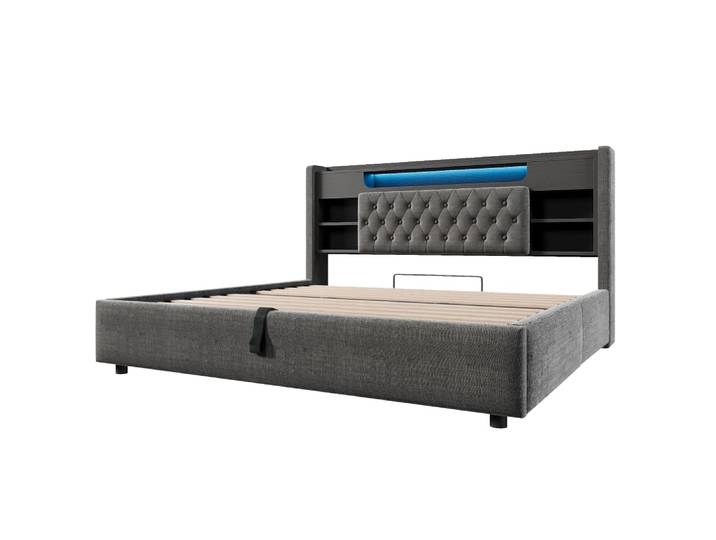 Lit tapissier double en lin gris 180x200cm