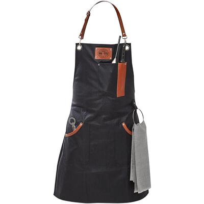 Grillschürze GEFU "BBQ", schwarz (schwarz, braun, silberfarben), B:65cm L:90cm, gewirkt, Baumwolle, Schürzen, Grillschürze, Lederapplikation