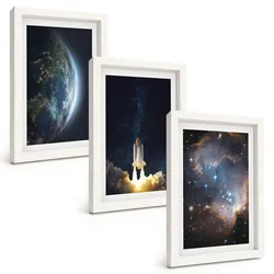 BILDER SET 3er Set - 20x30 cm Weißer Rahmen - Weltraum Erde Rakete Galaxie