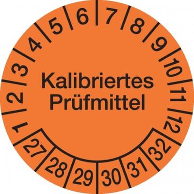 König Werbeanlagen Prüfplakette ab 27, Kalibriertes Prüfmittel, Orange/Schwarz, Folie, Ø 30´mm - Bogen = 10 Plaketten - 30 mm Folie selbstklebend