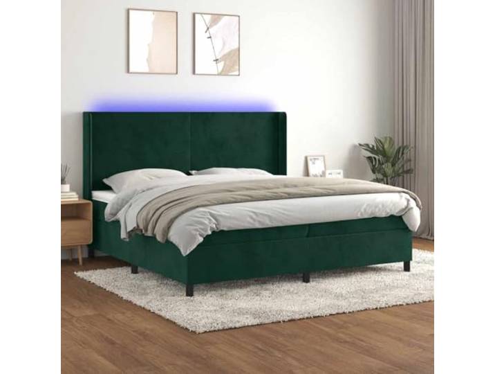 RJPLMFV Boxspringbett mit Matratze und LED, 200 x 200 cm, Dunkelgrün Kopfteil verstellbar, Taschenfedern, weicher Matratzenschoner, luxuriöser Velours