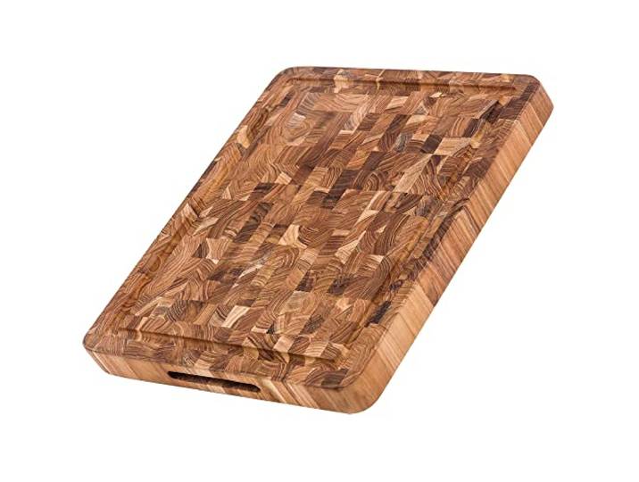 Teakhaus Butcher Block Schneidebrett Holz mit Saftrille M 42 x 30.5 x 3,8 cm FSC zertifiziertes, robustes Stirnholz Schneidebrett Dickes Teak-Holzbrett Küche für glatte saubere Schnitte