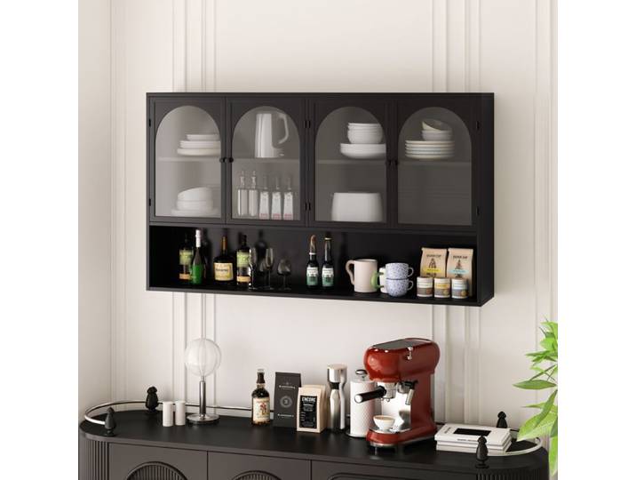 Vitrine murale - ZEVKOR - 120 x 23 x 70 cm - 4 portes vitrées - Structure métal noir - Verre gris