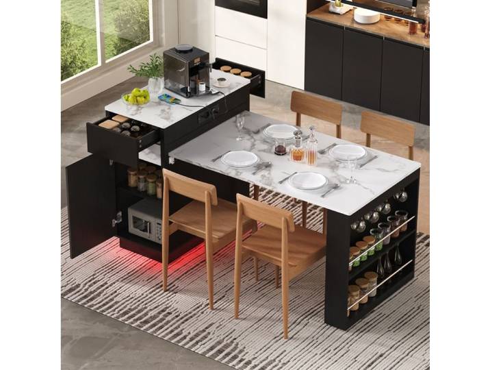 VUENOR Îlot central extensible noir avec LED prises et roulettes