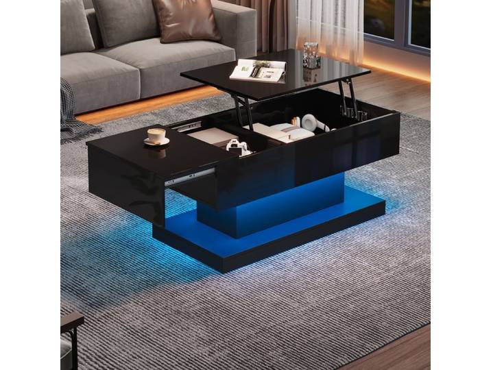 Table basse relevable brillante 100x50x45 cm avec LED plateau semi-relevable et coulissant noir