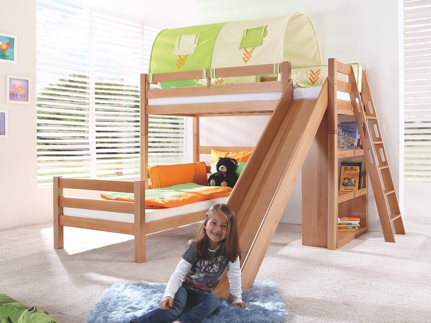 Etagenbett Sky Buche massiv Natur lackiert mit Tunnel