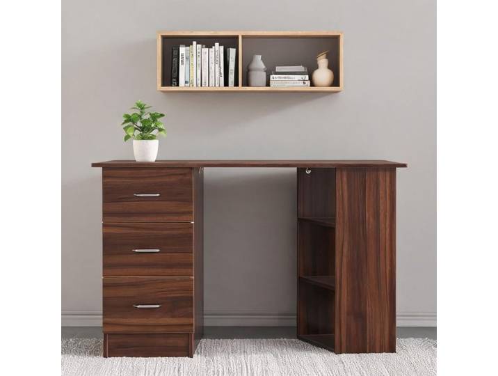 Bureau informatique en bois finition noyer 120x49 cm 3 tiroirs et 3 étagères espace de travail compact pour bureau à domicile