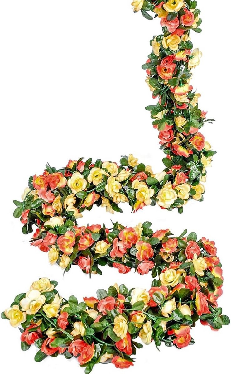 Weldomcor 5 stuks champagne kunstbloemenslinger met rozen en wijnstokken, 2,45 m, zijden bloemen voor buiten en binnen decoratie