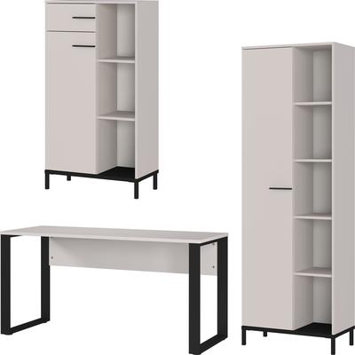 Büromöbel-Set GERMANIA "GW-Rovigo", beige (kaschmir, schwarz), B:308cm H:190cm T:60cm, Holzwerkstoff, Metall, Arbeitsmöbel-Sets, Büromöbel-Set, Schreibtisch mit Knieblende, Made in Germany