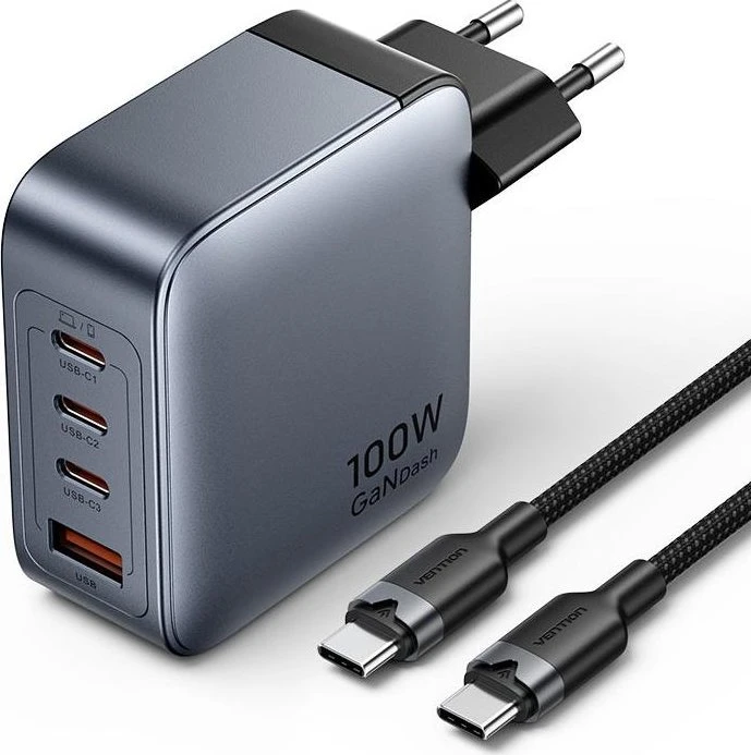 Vention 4-Port USB (C + C + C + A) GaN Charger (100W/100W/30W/30W) Gray with USB-C to USB-C Cable (1