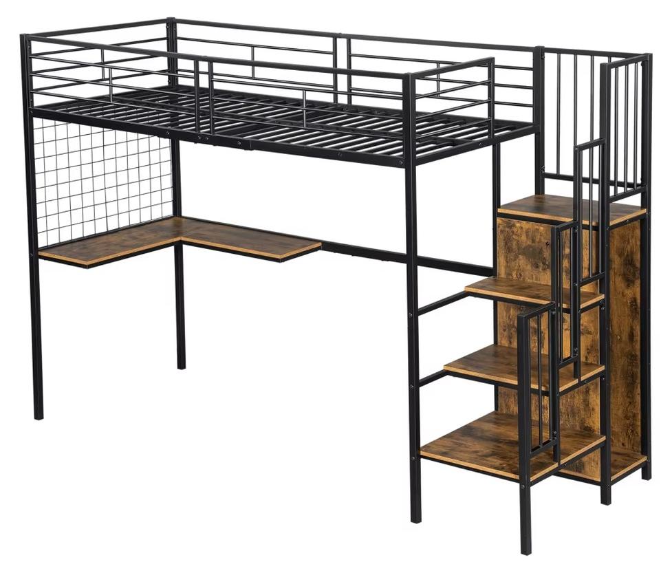 Etagenbett - Kinderbett 90x200 cm - Schreibtisch und Kleiderschrank - Stauraum - Seitliche Leiter mit Handlauf - Metall und MDF - Schwarz und dunkle Walnuss