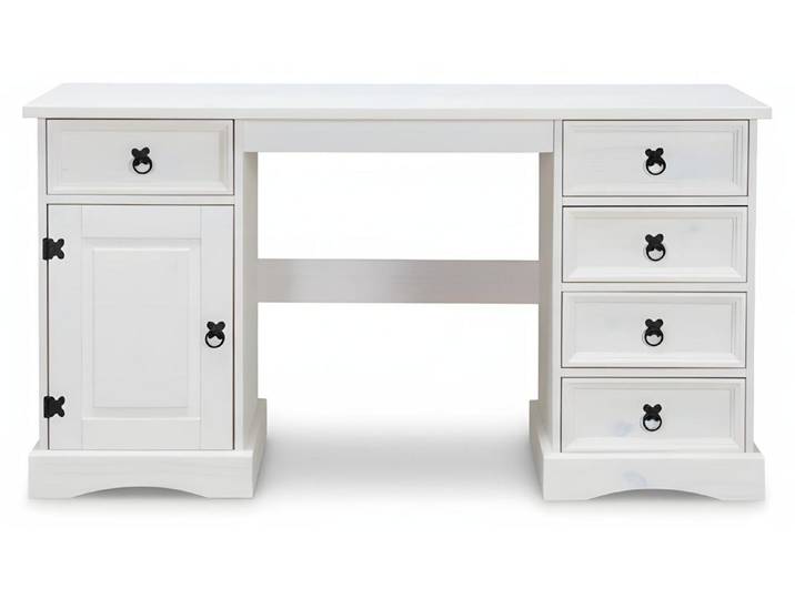 New Mexico Schreibtisch Breite 141 cm, Höhe 76 cm mit 5 Schubladen und 1 Tür weiss/gewachst.