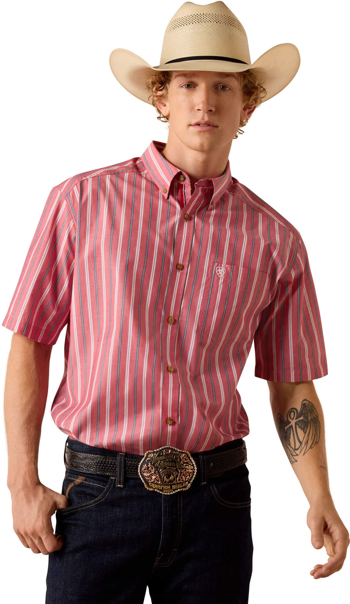 Men's Pro Series Bobby Classic Fit Shirt in Hibiscus Red Stripe, Size: XLT by Ariat