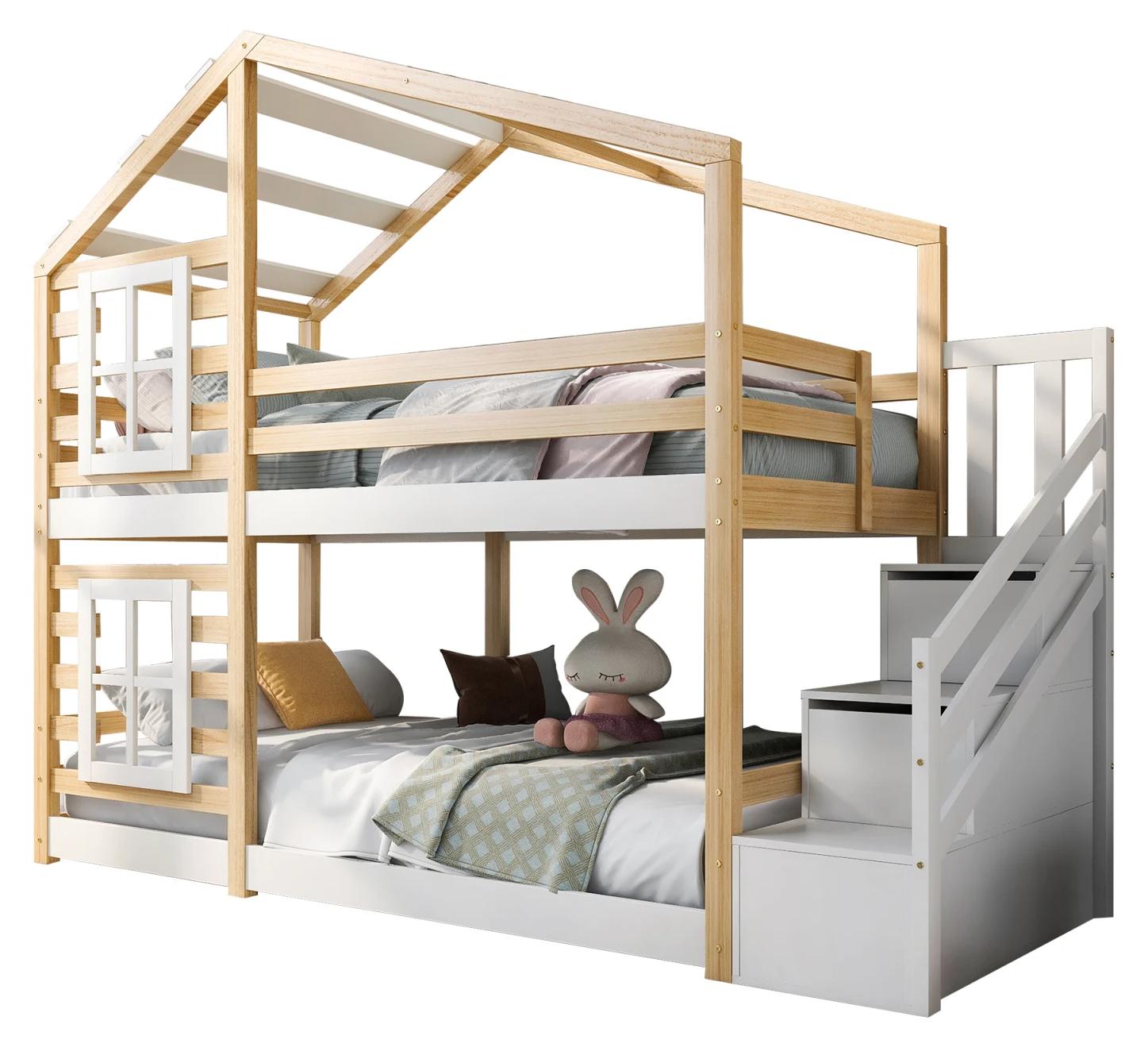 Kinder-Etagenbett - Hausbett - 90 x 200 cm - Treppe - Schublade - Rausfallschutz - Fenster - Natur/Weiß