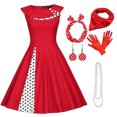 50er Jahre Outfit Schlagkleid 7-tlg 50er Jahre Accessoires Set Retro Vintage Swing Kleid Damen Cosplay Kostüm Party Date Festival
