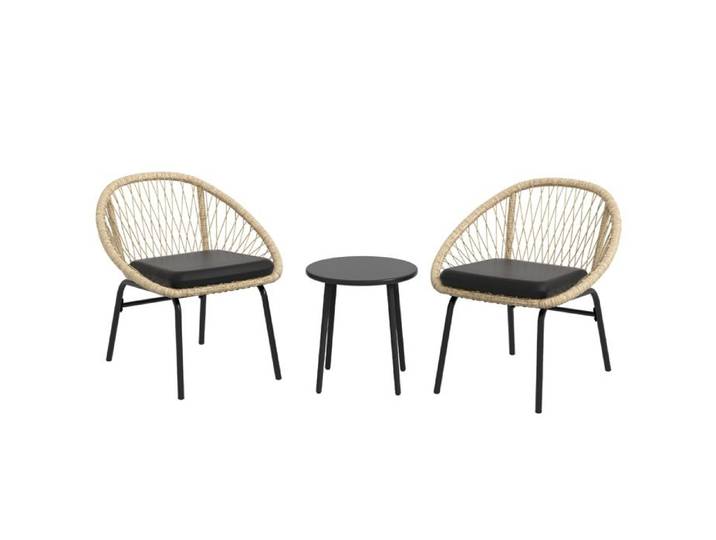 Ensemble de jardin 3 pièces – 2 chaises table basse ronde coussins – Rotin jaune