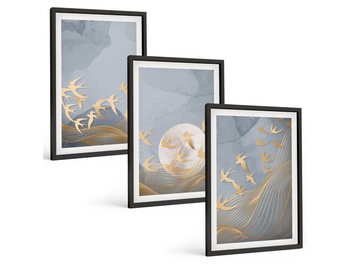 BILDER SET 3er Set - 40x60 cm Schwarzer Rahmen - Vögel, die am Himmel fliegen