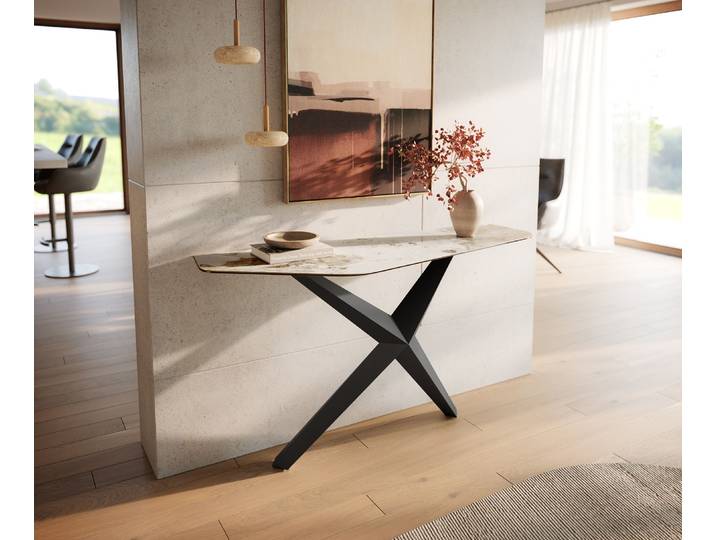 Konsolentisch Edge Polygonal 140x50 cm Keramik Minas Melange Weiß-Beige Zentharo Metall Schwarz, Konsolentische