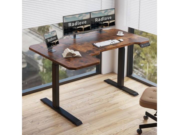 Radlove 150cm L Form Bureau Assis Debout Electrique 2 Motors Bureau d'angle réglable en hauteur électriquement Marron
