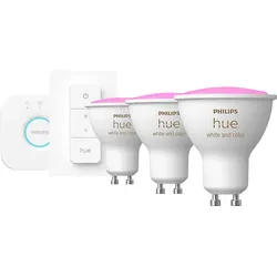 PHILIPS Hue White & Col. Amb. GU10 Dreierpack inkl. Dimmschalter Starter Set Mehrfarbig