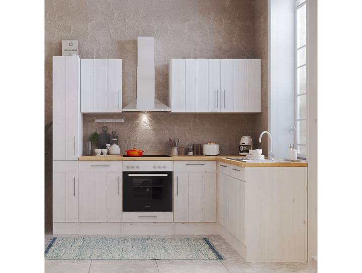 Cuisine d’angle Anton 250cm Blanc/Imitation mélèze blanc Vitrocéramique Avec électroménager
