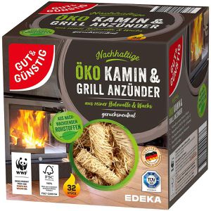 Gut&Günstig Grillanzünder Öko, Bio Anzündwolle, brennstark, Holz & Wachs, lange Brenndauer, 32 Stück