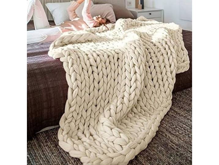 Gestrickte Grobe Strickdecke Wolle Kuscheldecke Grobstrick Wolldecke,Chenille Handgewebte Überwurf Gemütliche Warme Decke für Bett Sofa Stuhl Büro(Beige,150 * 180cm)