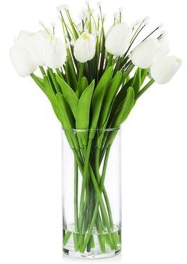 Enova Home Artificial Real Touch Tulips Fake Silk Flower and Star Grasses in Clear Glass Vase with Faux Water for Home Decor