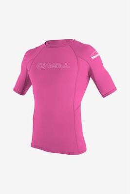 O'Neill s Youth Basic Skins 50+ Short Sleeves Rash Guard in Fox Pink, Size 10, Polyester/Spandex