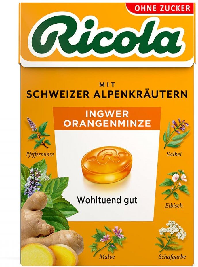 Ricola Ingwer Orangenminze Bonbons ohne Zucker Box 50g