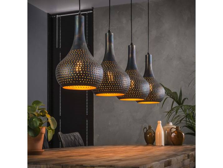 Gaatjes eettafel hanglamp Punch 4x E27 - zwart bruin Lyora - 8141/56