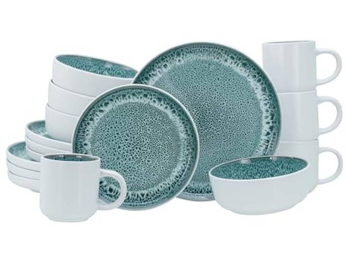 CreaTable 24714\, série Nordic Fjord Bleu Givre\, service de table 16 pièces pour 4 personnes\, service combiné en grès\, compatible lave-vaisselle et micro-ondes\, production de qualité