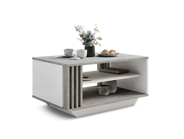 Viosimc Couchtisch, Wohnzimmertisch mit modernen Lamellen, moderner und stilvoller rechteckiger Kaffeetisch mit Ablage, stilvolle Ergänzung für jedes Wohnzimmer – Beton & Weiß
