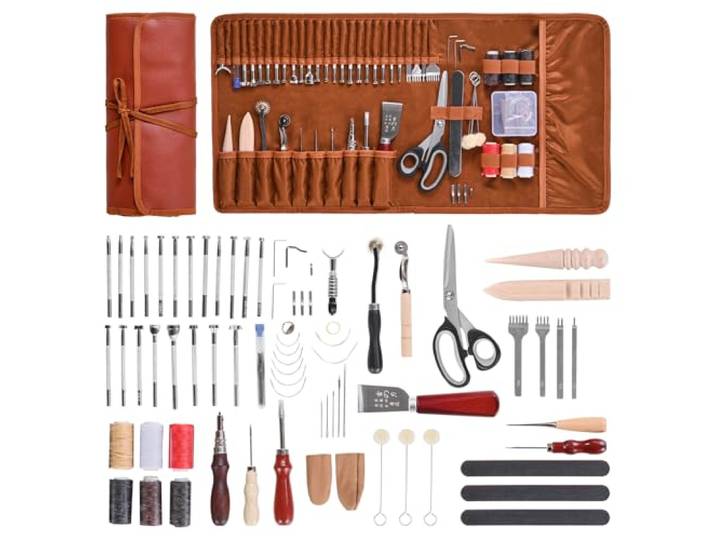VEVOR Kit de travail du cuir\, 72 pièces\, outils d'artisanat du cuir avec sac de rangement portable\, pour gravure\, poinçonnage\, couture\, estampage\, ponçage\, pour débutants\, bricoleurs et professionnels