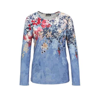 Print-Shirt GOLDNER "Kurzgröße Druckshirt mit floralem Muster", Damen, Gr. 22, rot (rot, rauchblau, gemustert), Obermaterial: 95% Viskose CV. 5% Elasthan EL., normal, Sonstiges, Shirts, Ohne