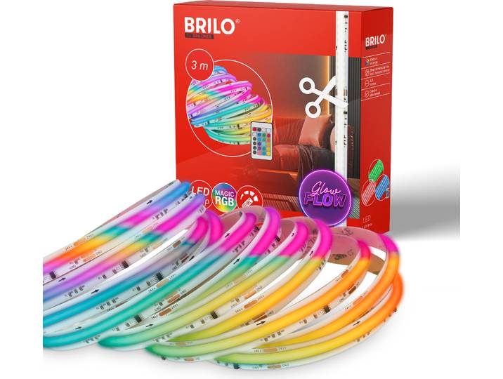 COB LED Strip 3m mit Fernbedienung, buntes durchgehendes RGB Licht, dimmbar, selbstklebend, LED Streifen, Leiste, 3 Meter Lichtleiste, Lichtschlauch