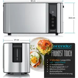 Arendo Frühstücks Set Edelstahl Wasserkocher 1,7l, Retro-Design & 4-Scheiben Langschlitz Toaster, Silber, Wasserkocher, Silber