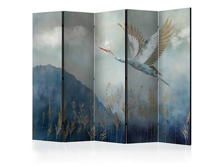 decomonkey Paravent Raumteiler Innen Vogel, 225x172 cm, 5-teilig, Abstrakt Beidseitig, Gebirge, Wohnzimmer, Room Divider, Wall, Raumteiler Stehend, Trennwand, Sichtschutz, Spanische Wand, Holz