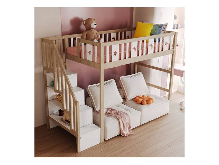 MODFU Hochbett mit Treppe, Jugendbett (Funktionsbett mit Sicherheitsgeländer & Dekoration, Stern & Monddesign, Kinderbett 90x200 cm) Inklusive Matratze