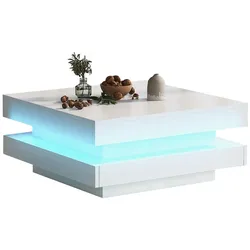 Quadratischer Couchtisch 70x70x36 cm in Weiß mit Bluetooth-LED-Beleuchtung, verstellbaren Farben und moderner Ästhetik