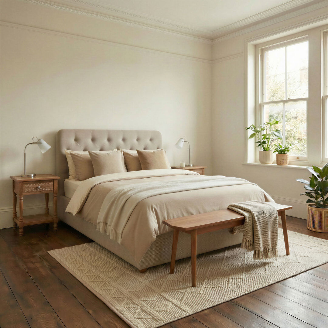 Ebern Designs Haiden Upholstered Ottoman Bed Frame - Deep Button Tufted Headboard Design Beige Fabric Double