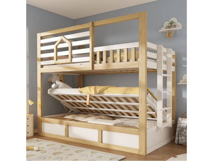WUVRIE Lit superposé enfant 90 x 200 cm 2 couchages style cabane blanc et bois rangement hydraulique