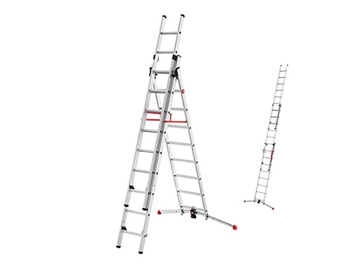 Hailo S100 ProfiLOT 3-teilige Alu-Kombileiter mit LOT-System - gleicht Unebenheiten aus - 2 x 9 + 1 x 8 profilierte Sprossen belastbar bis 150 kg - Aluleiter made in Germany - Leiter rostfrei - silber