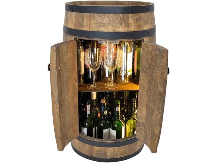 Fassbar mit 2 Türen und LED Beleuchtung, Holzfass 80x50cm Weinfass - Barschränk handgemacht Flaschenregal Hausbar vintage theke bar wand holzregal whisky Wein Bier - Bartisch Geschenk für Männer