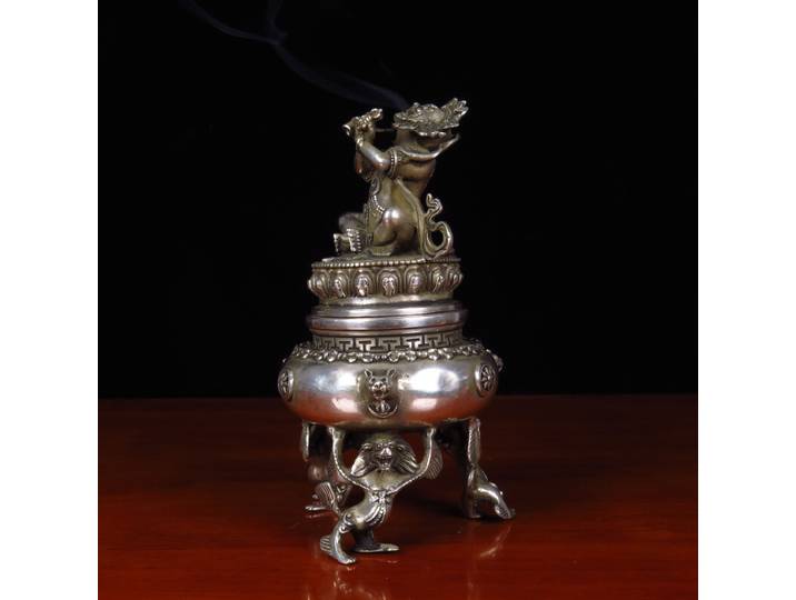 Statue Simhamukha en argent du Tibet, déity Vajradaka Dorje, brûleur d'encens, encensoir