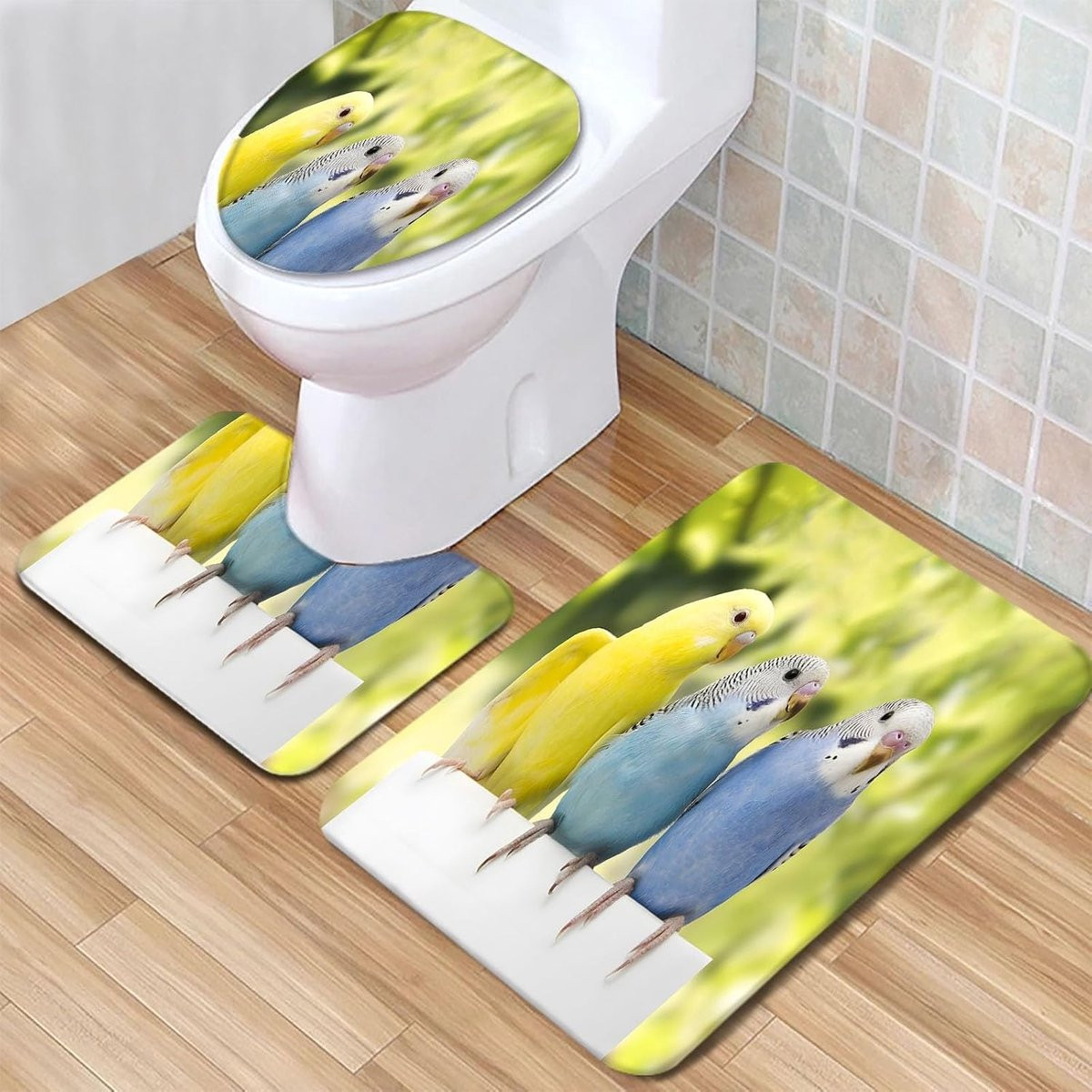 3-delige badmat set met toiletmat voor badkamer decoratie, Grasparkiet, 45 x 75 cm