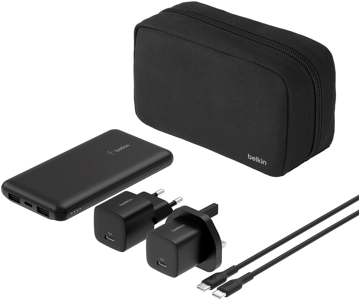 Belkin 5-in-1 Travel Power Bundle: 10000mAh Power Bank, 2x 25W USB-C Chargers (UK & EU Plug), 60W USB-C Cable and Pouch
