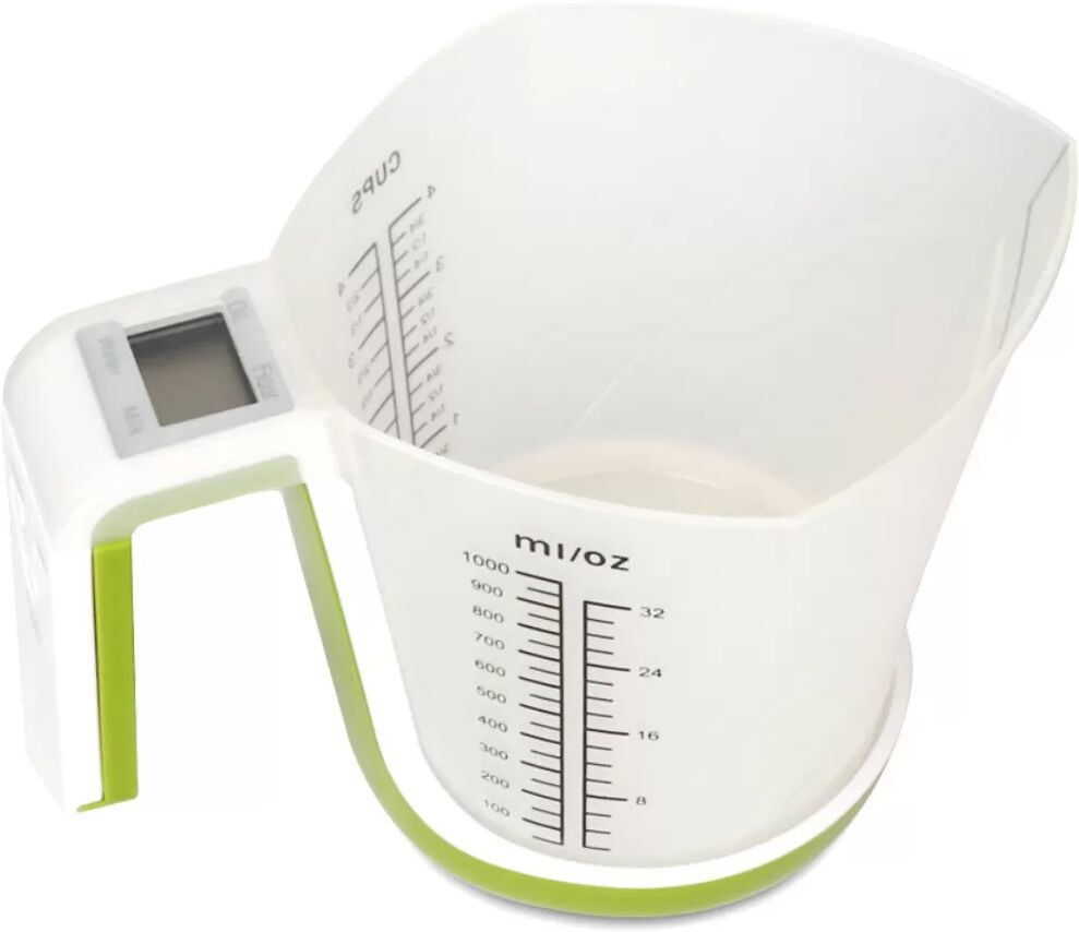 INF Digitale Messbecherwaage – 5kg x 1g Präzision, abnehmbarer 1000ml Becher, g/ml/cup Einheiten, LCD 2.5x1.9cm, Grün