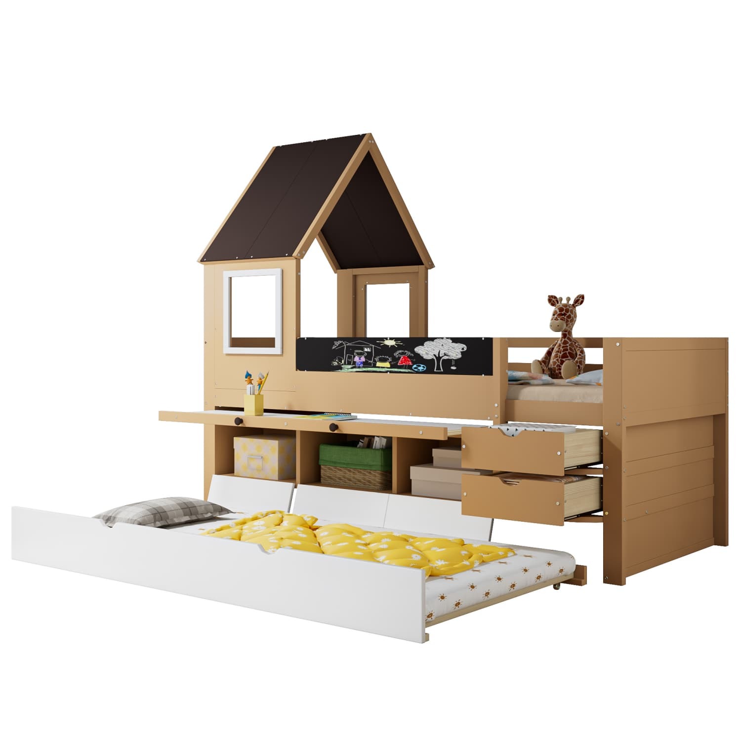 Etagenbett, Baumhausbett mit Schubladen und Ausziehbett,Mit Ausziehtisch,Reichlich Stauraum,Holzbett mit Fenster,Rahmen aus Kiefer,Graffiti-Tafel